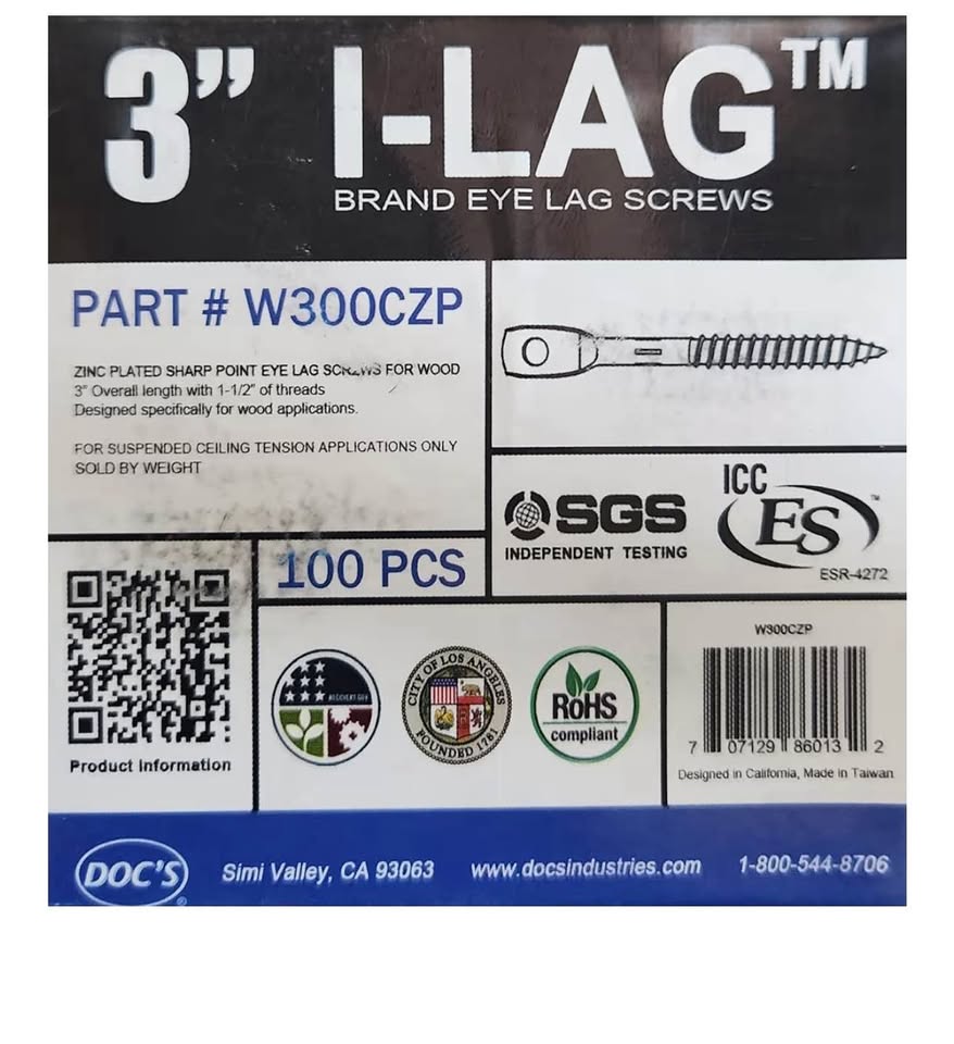 Doc's Industries W300CZP 3" Eye Lag Screws for Wood Zinc Plated Qty 160