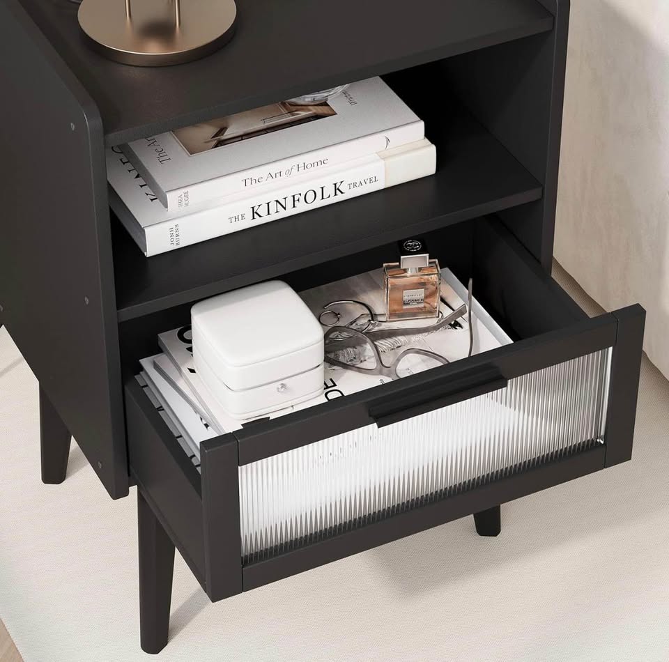 MMEOLUOOK Nightstand w/ Charging Station, Bedside End Table, 2 Tiers Storage