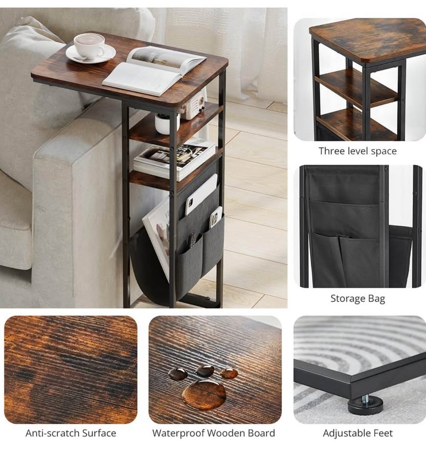 Rustic Industrial C-Shape End Table with Storage & Shelves