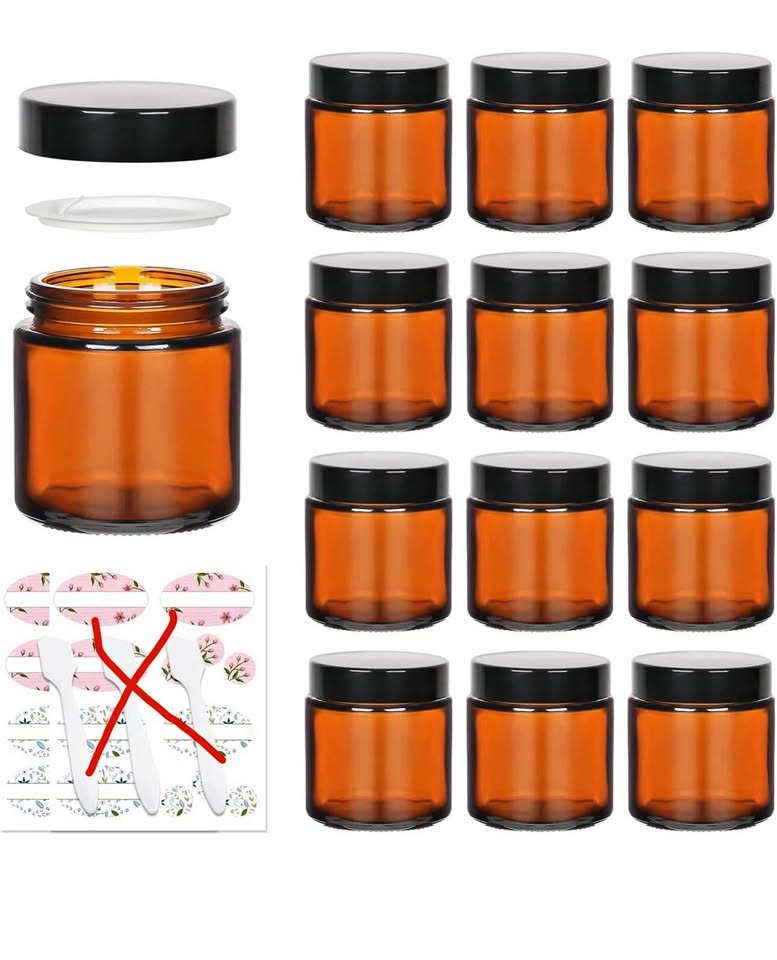 4oz Amber Glass Jars with Lids,12 Pack Empty Cosmetic Containers with Inner Liners and Black Lids,