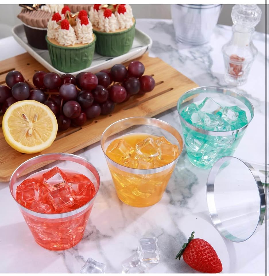 I00000 100PCS Silver Plastic Cups, 9 oz Clear With Silver Trim, Heavy-Duty Disposable for Party, Pre