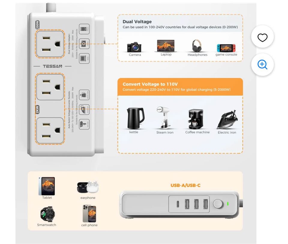 220V to 110V Voltage Converter,TrevoltyUniversal Travel Adapter with 4 USB Ports (1 USB C), 3 AC Soc