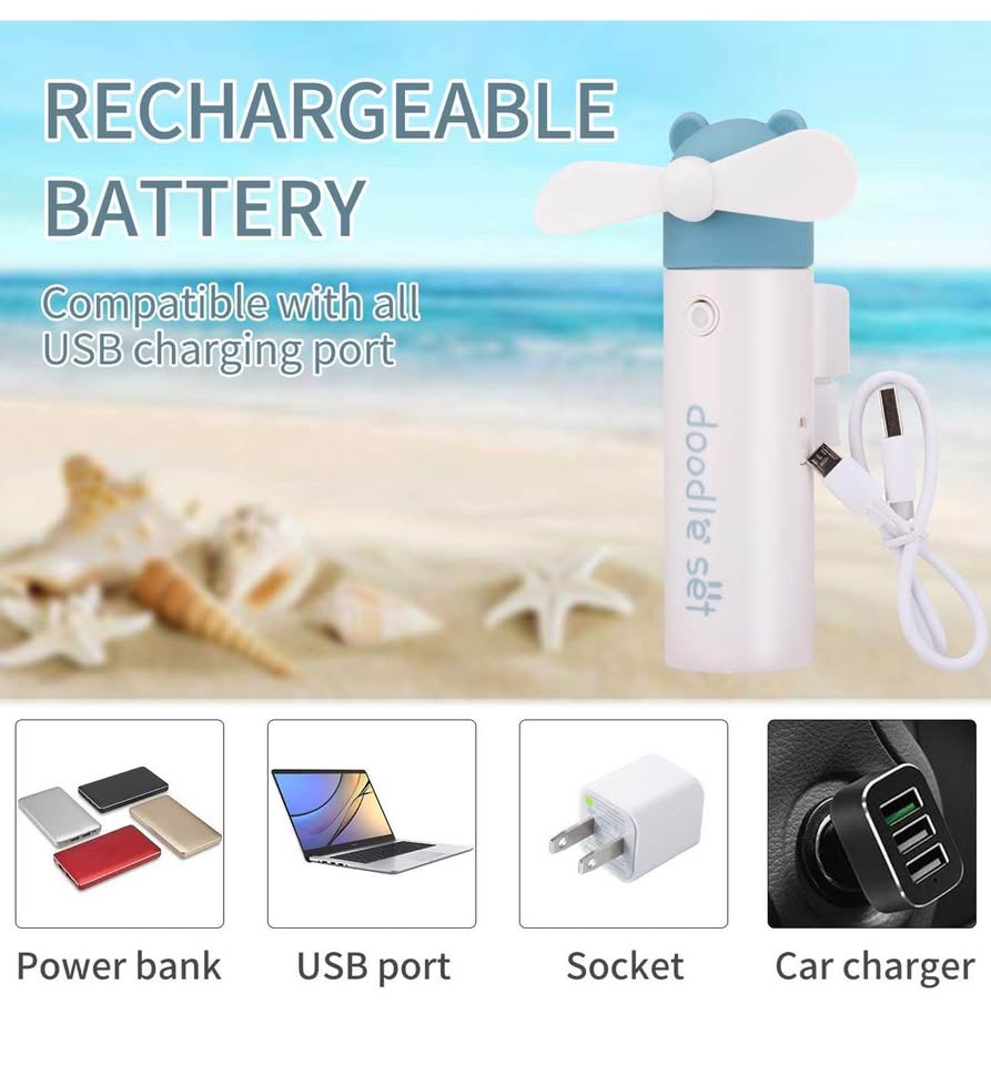 Handheld Mini Portable Misting Fan, USB Rechargeable, 1200mAh Battery for 6 Hrs Continuous Work (Blu