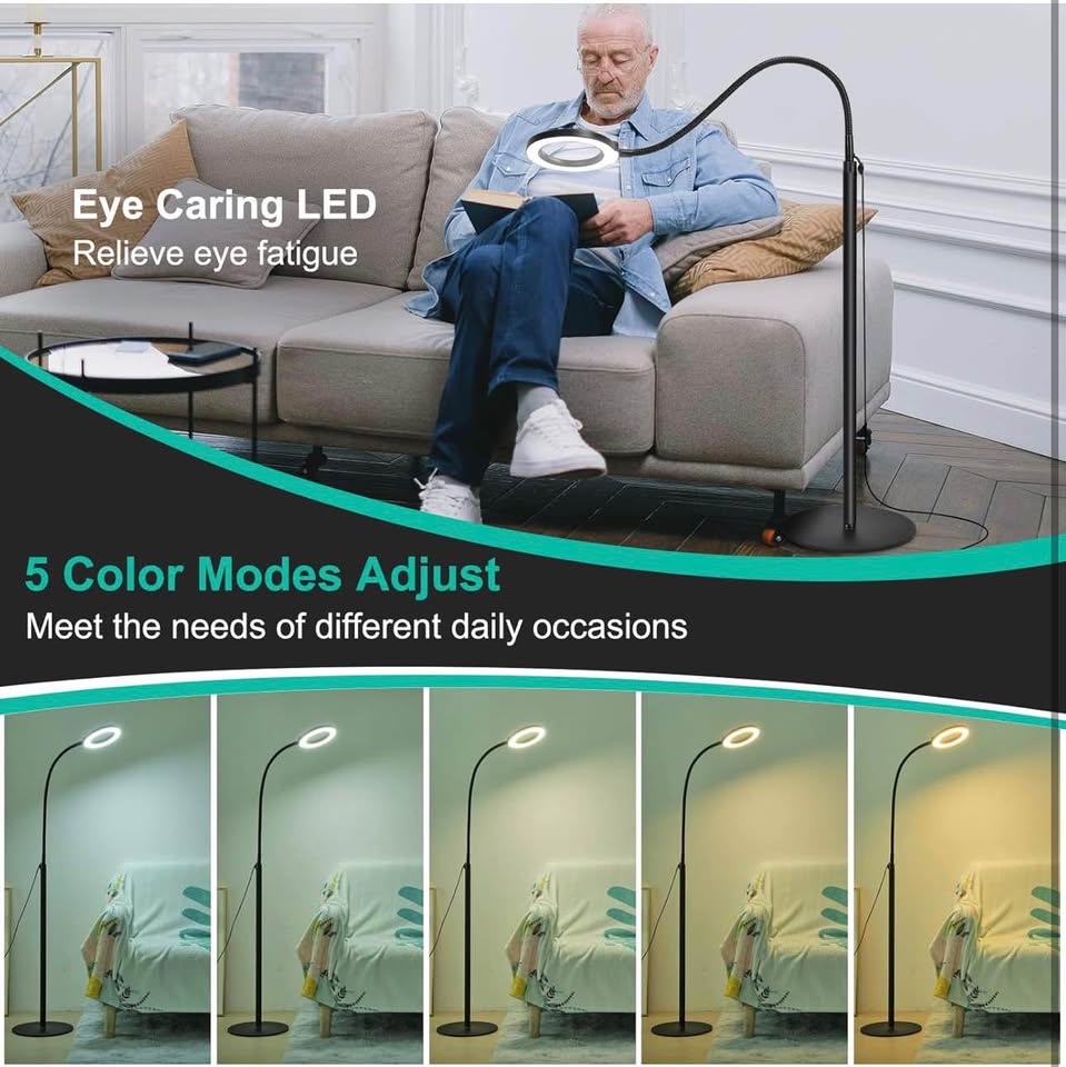 12X Magnifying Floor Lamp with Light, 24" Flexible Gooseneck Standing Magnifying Glass, 3-in-1 LED 5