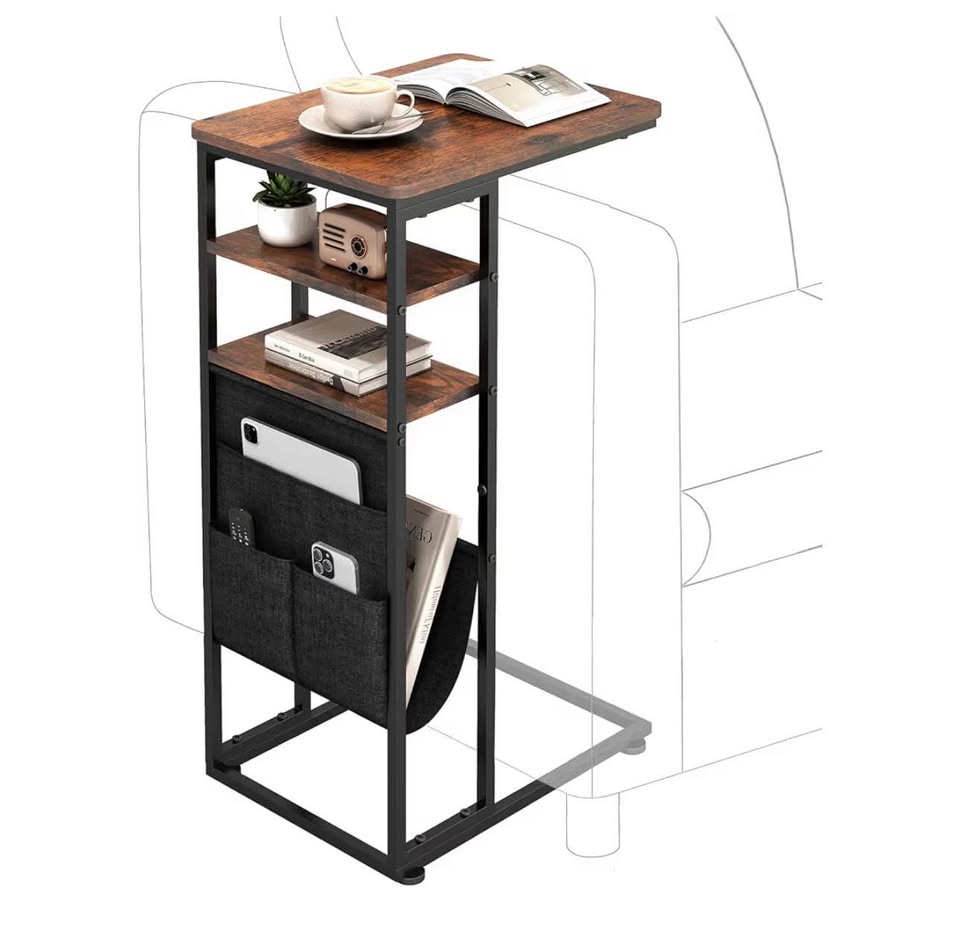 Rustic Industrial C-Shape End Table with Storage & Shelves