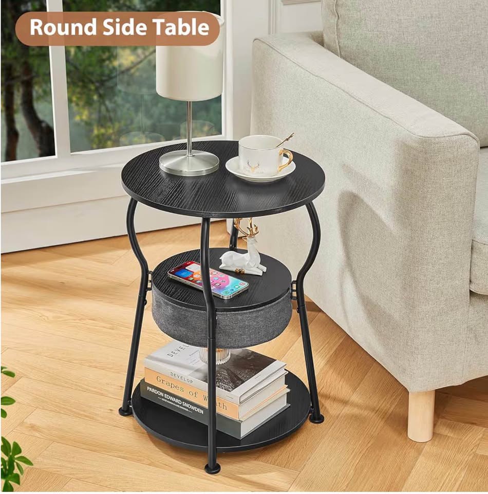 Round Side Table with Storage Bag, 3-Tier Accent Round End Table with Storage Shelves for Living Roo
