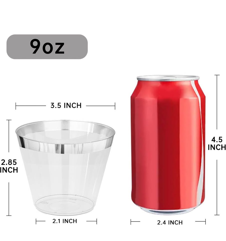 I00000 100PCS Silver Plastic Cups, 9 oz Clear With Silver Trim, Heavy-Duty Disposable for Party, Pre