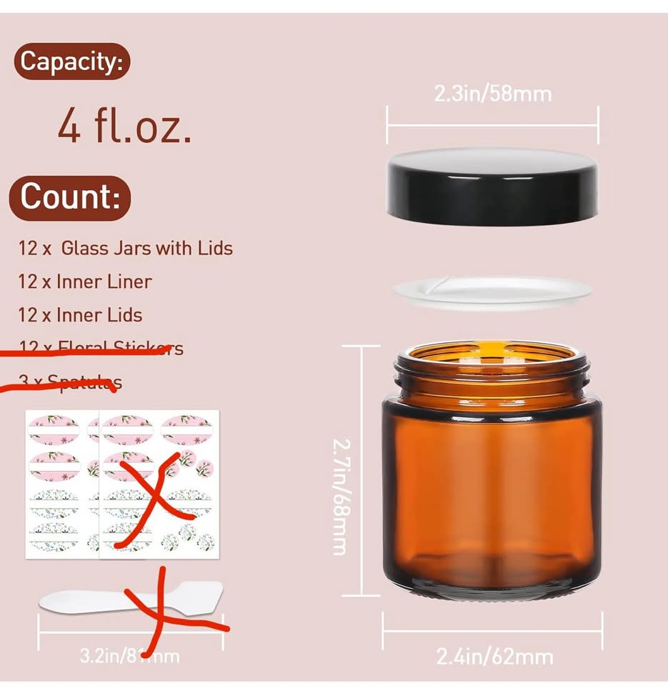 4oz Amber Glass Jars with Lids,12 Pack Empty Cosmetic Containers with Inner Liners and Black Lids,