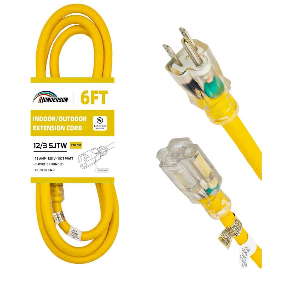 Indoor Outdoor Extension Cord Weatherproof with Lighted End, UL Listed, 12 Gauge 6FT Yellow 3 Prong