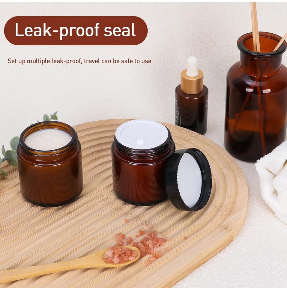 4oz Amber Glass Jars with Lids,12 Pack Empty Cosmetic Containers with Inner Liners and Black Lids,